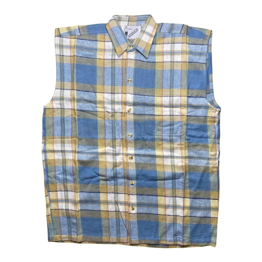 Vintage 90s GOOUCH sleeveless button down plaid flannel-like shirt MEDIUM